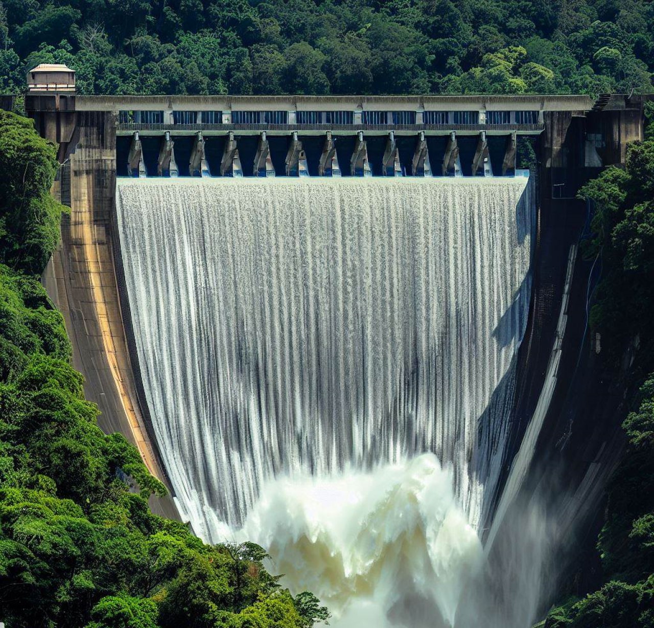 La grandeza de una represa hidroeléctrica, con agua cayendo en cascada por un aliviadero.