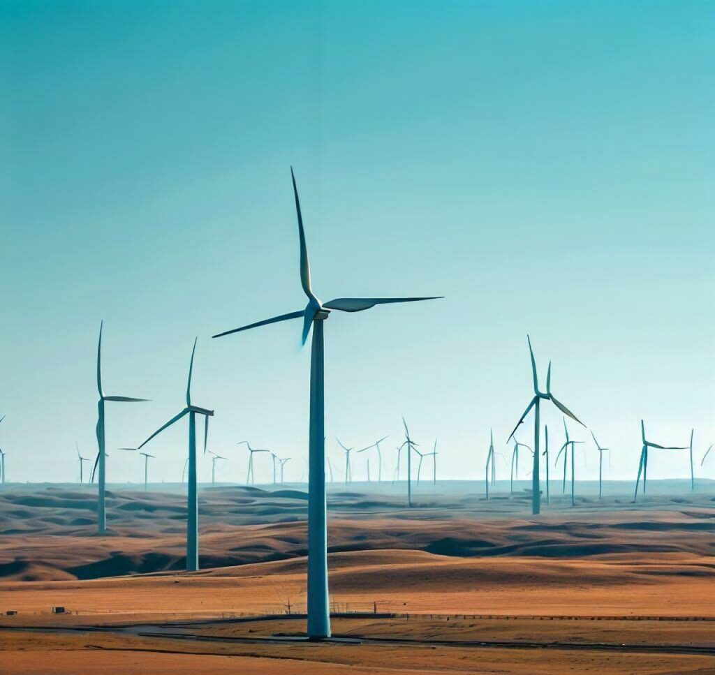 Un vasto paisaje salpicado de imponentes turbinas eólicas, sus grandes aspas giran con gracia en la brisa