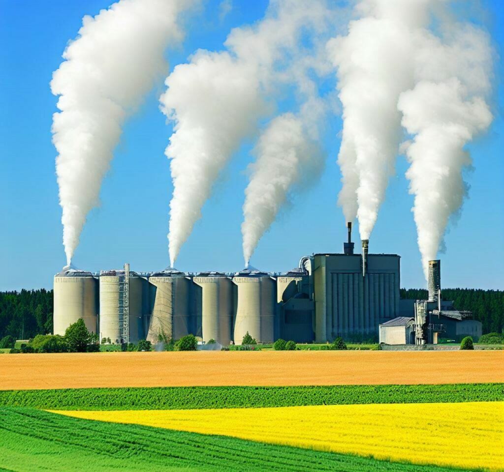 Una planta de energía de biomasa con chimeneas que liberan volutas de vapor