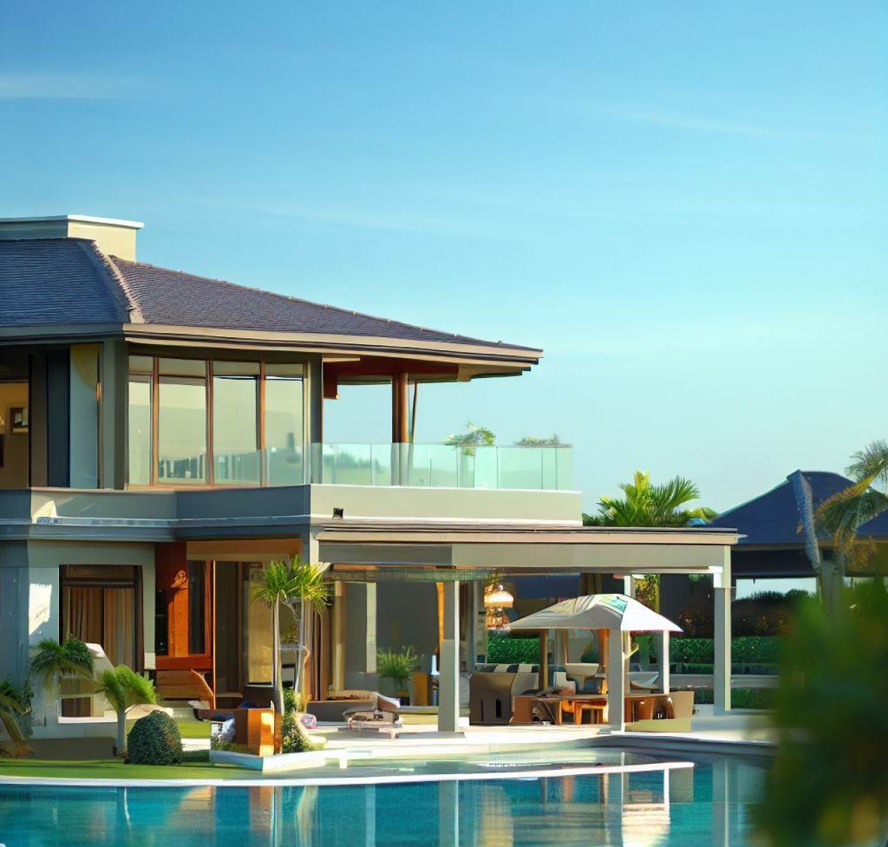 casa moderna con hermosa área de piscina y gazebo